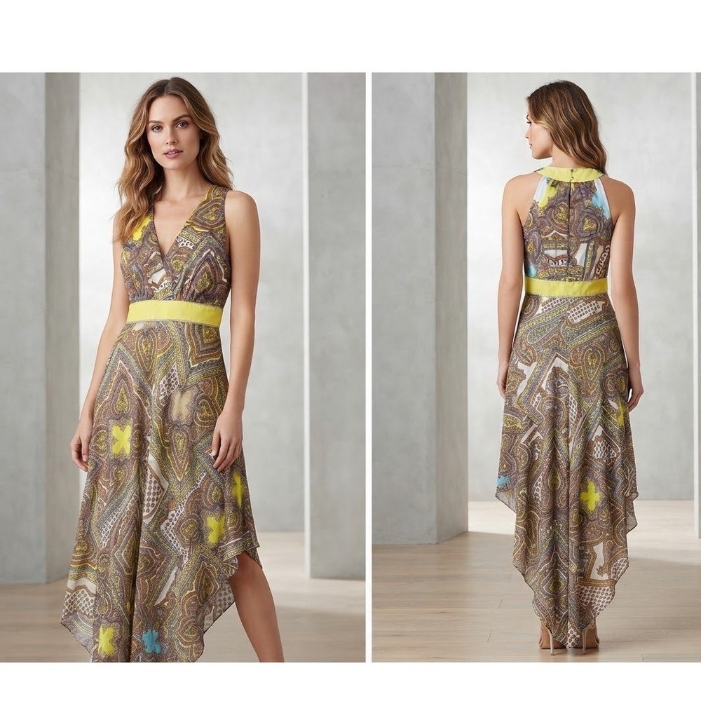 Antonio Melani Womens Dress 4 Yellow Blue Paisley Sleeveless Asymmetrical Hi-Lo
